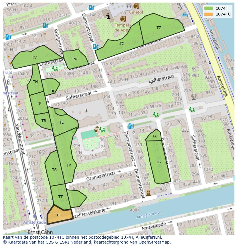 Afbeelding van het postcodegebied 1074 TC op de kaart.