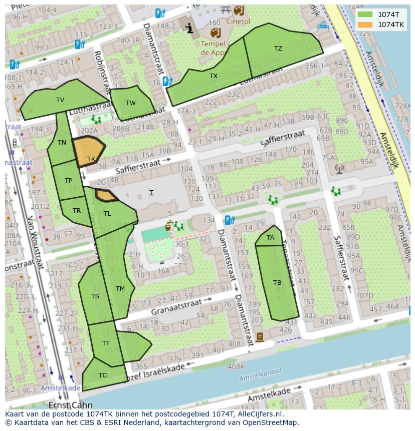 Afbeelding van het postcodegebied 1074 TK op de kaart.