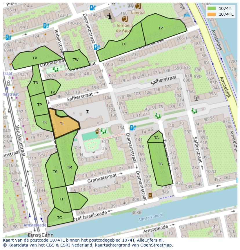 Afbeelding van het postcodegebied 1074 TL op de kaart.