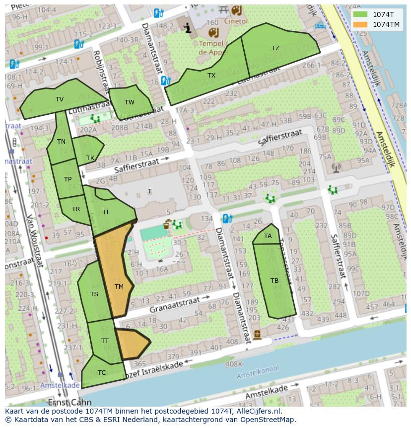 Afbeelding van het postcodegebied 1074 TM op de kaart.