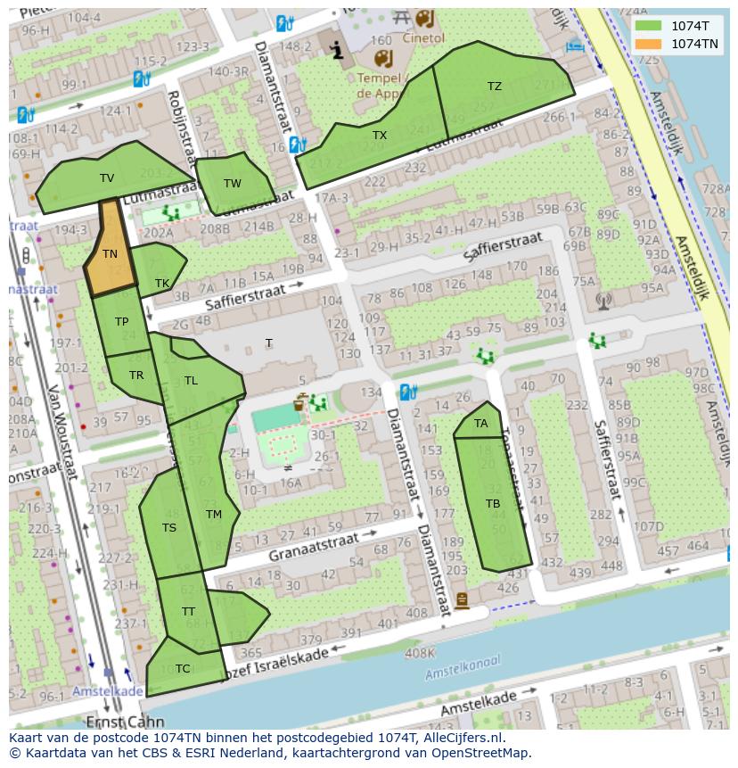 Afbeelding van het postcodegebied 1074 TN op de kaart.