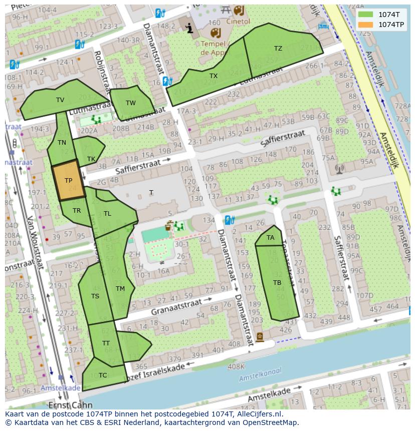 Afbeelding van het postcodegebied 1074 TP op de kaart.
