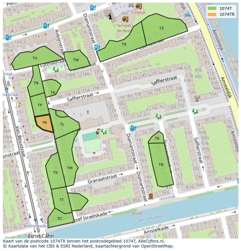 Afbeelding van het postcodegebied 1074 TR op de kaart.