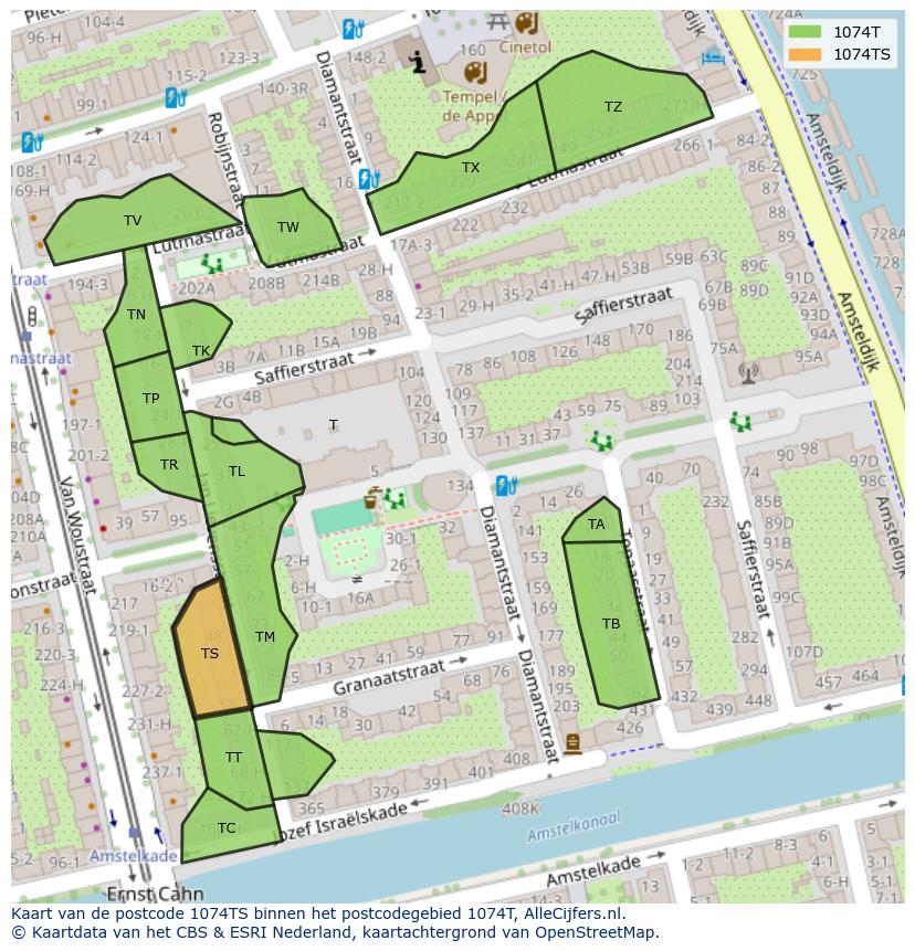 Afbeelding van het postcodegebied 1074 TS op de kaart.