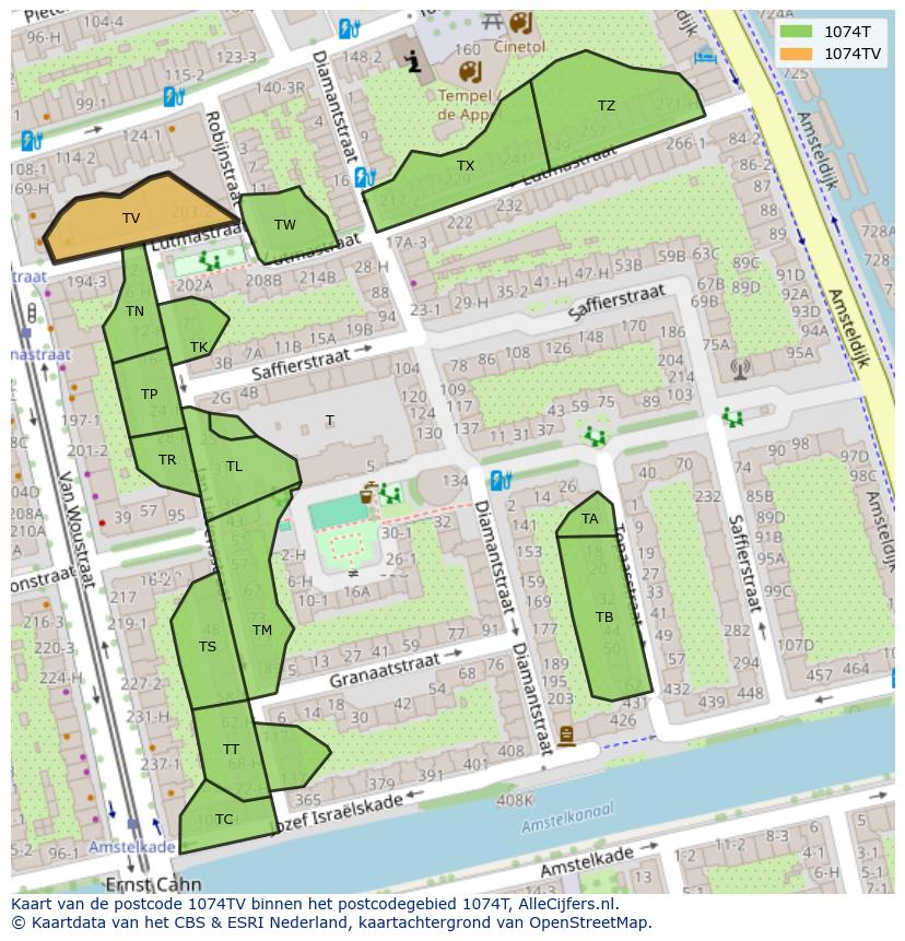 Afbeelding van het postcodegebied 1074 TV op de kaart.