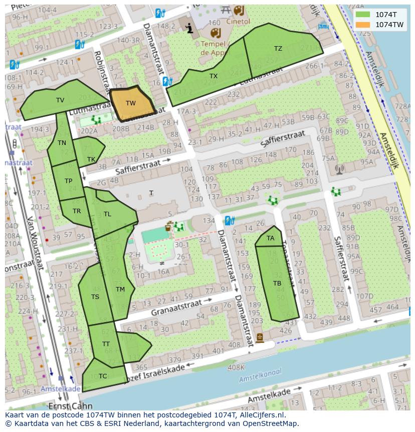 Afbeelding van het postcodegebied 1074 TW op de kaart.