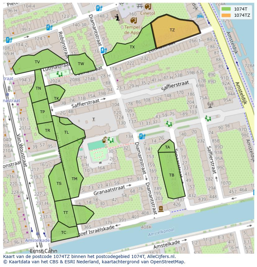 Afbeelding van het postcodegebied 1074 TZ op de kaart.