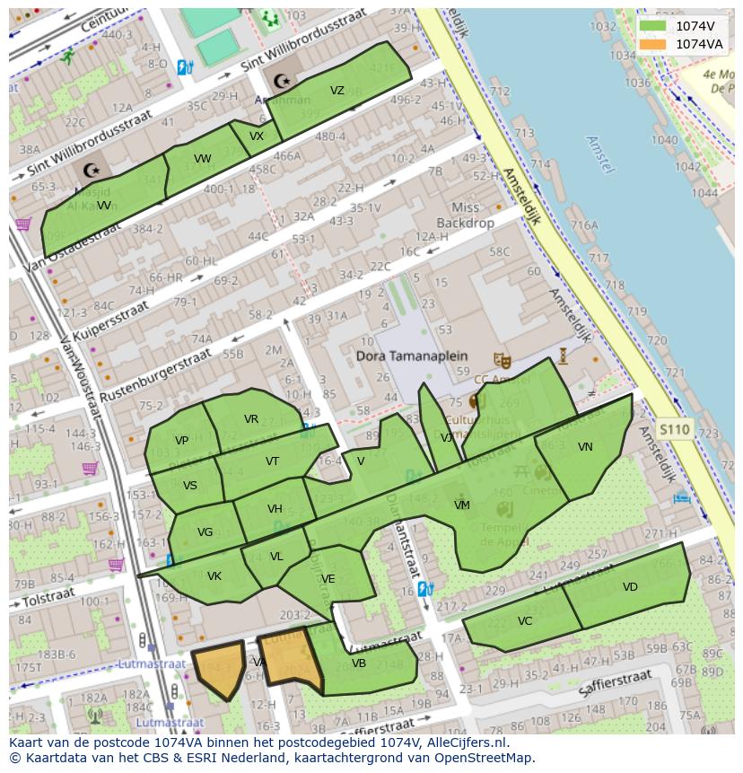 Afbeelding van het postcodegebied 1074 VA op de kaart.