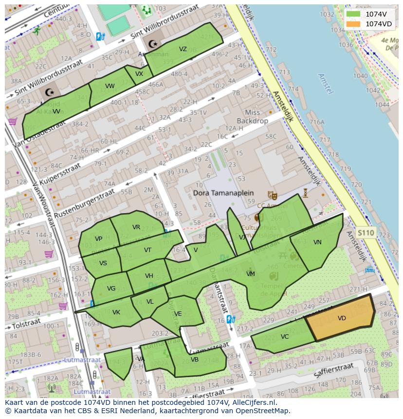 Afbeelding van het postcodegebied 1074 VD op de kaart.