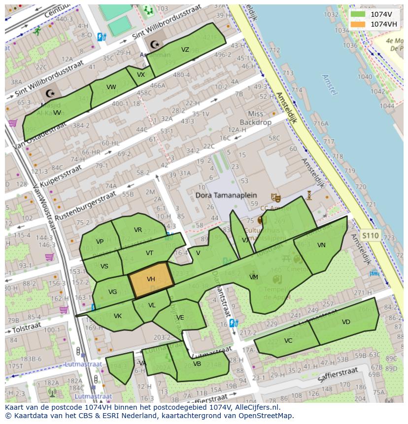 Afbeelding van het postcodegebied 1074 VH op de kaart.