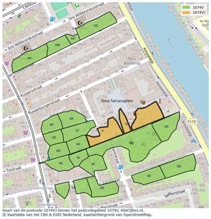 Afbeelding van het postcodegebied 1074 VJ op de kaart.