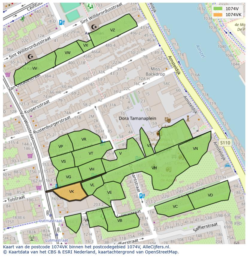 Afbeelding van het postcodegebied 1074 VK op de kaart.