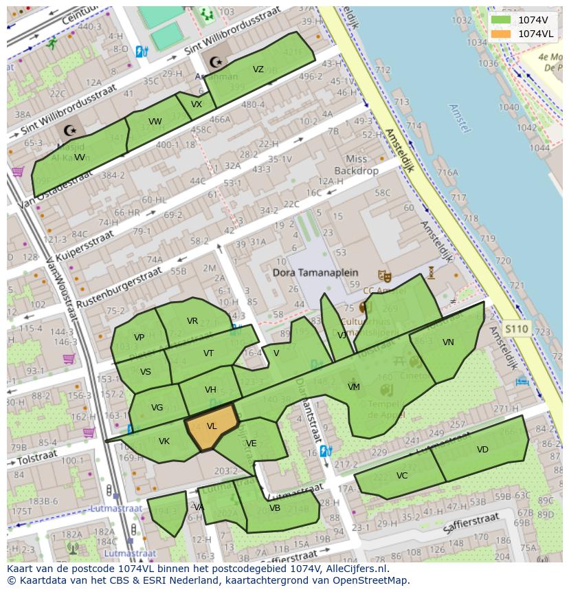 Afbeelding van het postcodegebied 1074 VL op de kaart.