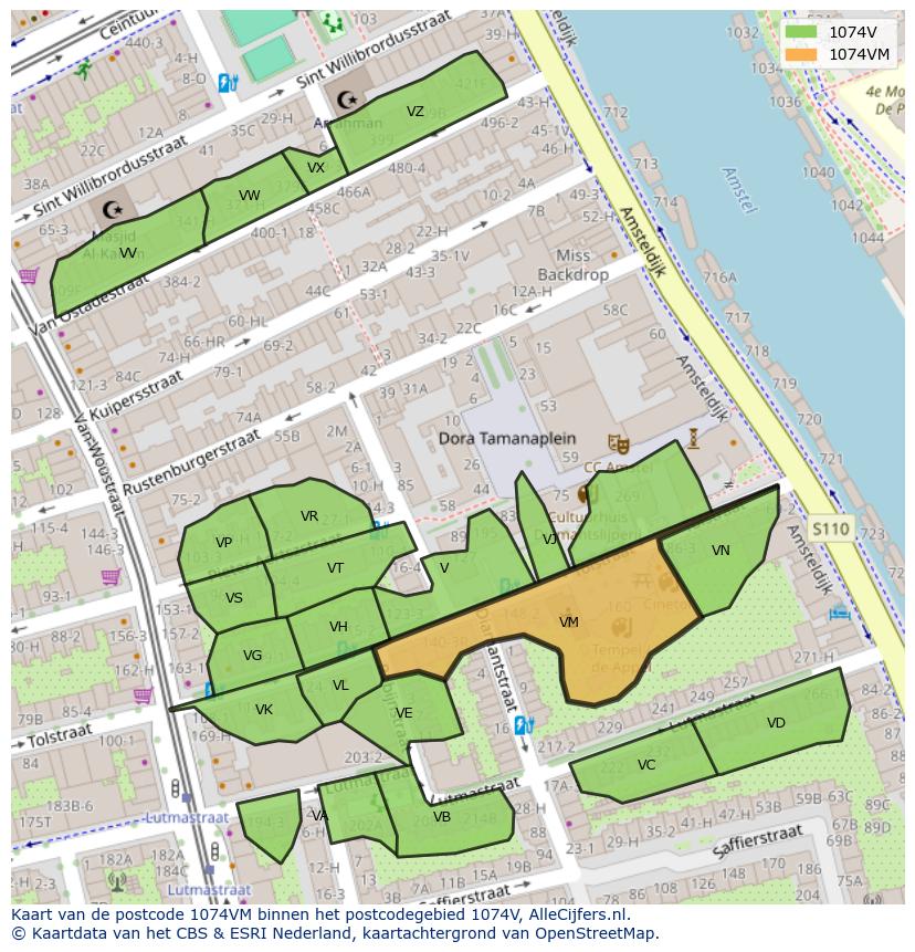 Afbeelding van het postcodegebied 1074 VM op de kaart.