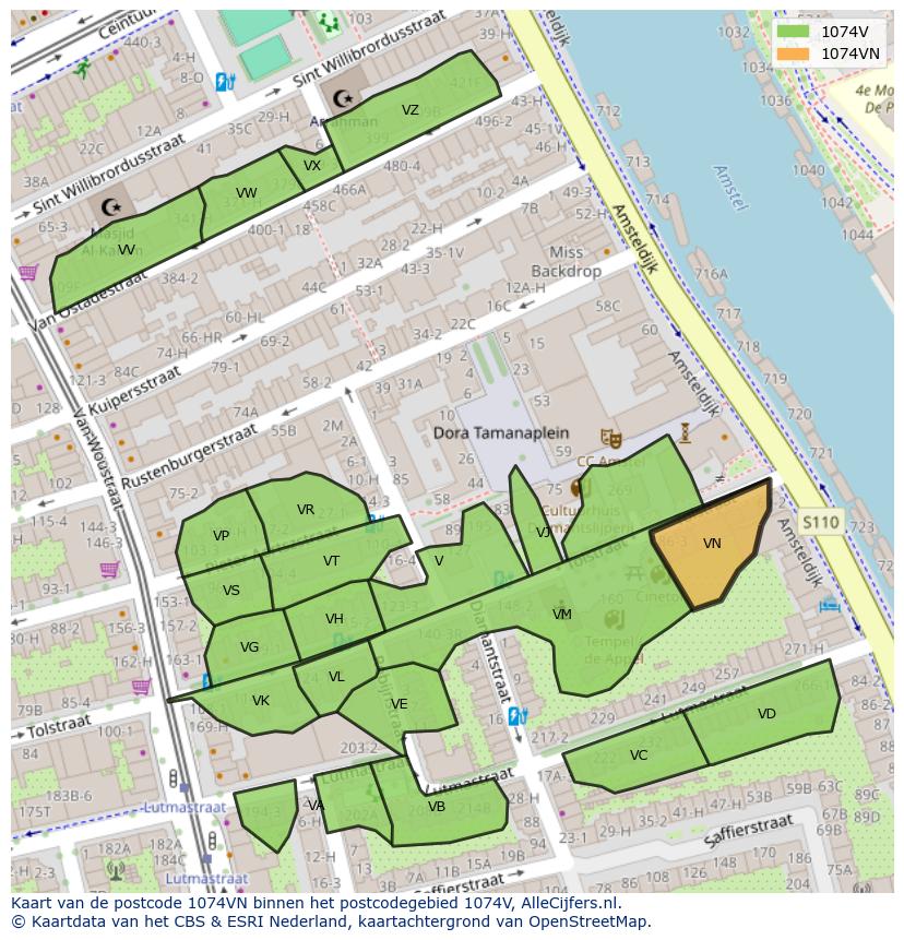Afbeelding van het postcodegebied 1074 VN op de kaart.