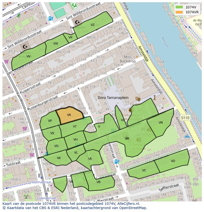 Afbeelding van het postcodegebied 1074 VR op de kaart.