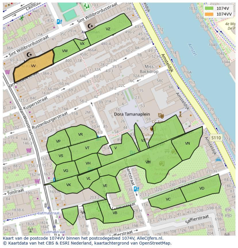 Afbeelding van het postcodegebied 1074 VV op de kaart.