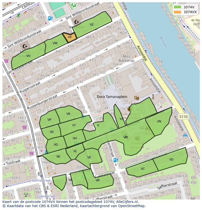 Afbeelding van het postcodegebied 1074 VX op de kaart.