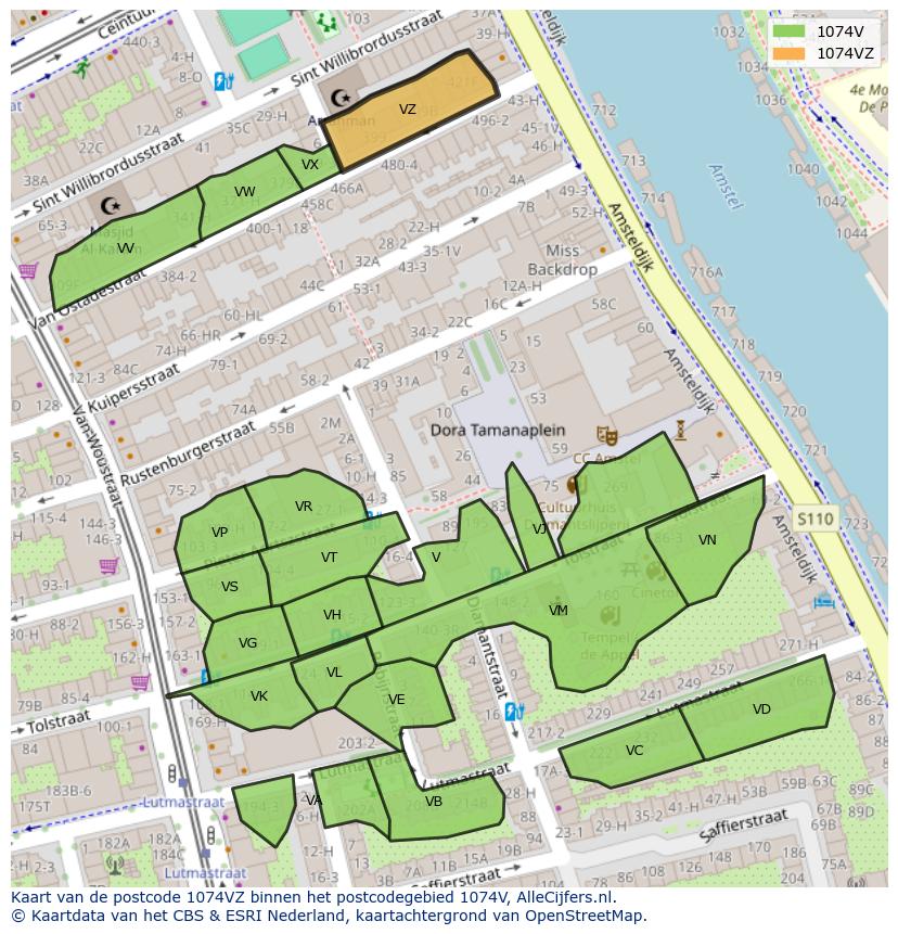 Afbeelding van het postcodegebied 1074 VZ op de kaart.