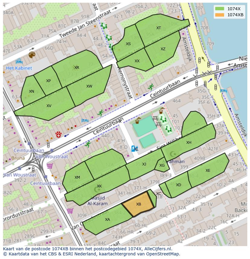 Afbeelding van het postcodegebied 1074 XB op de kaart.