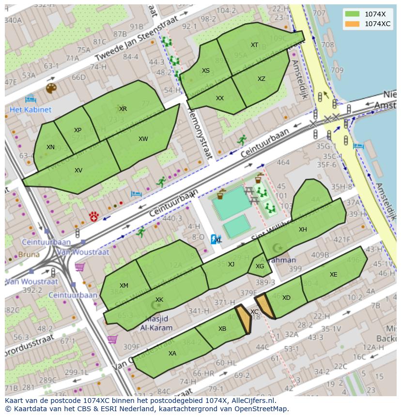 Afbeelding van het postcodegebied 1074 XC op de kaart.