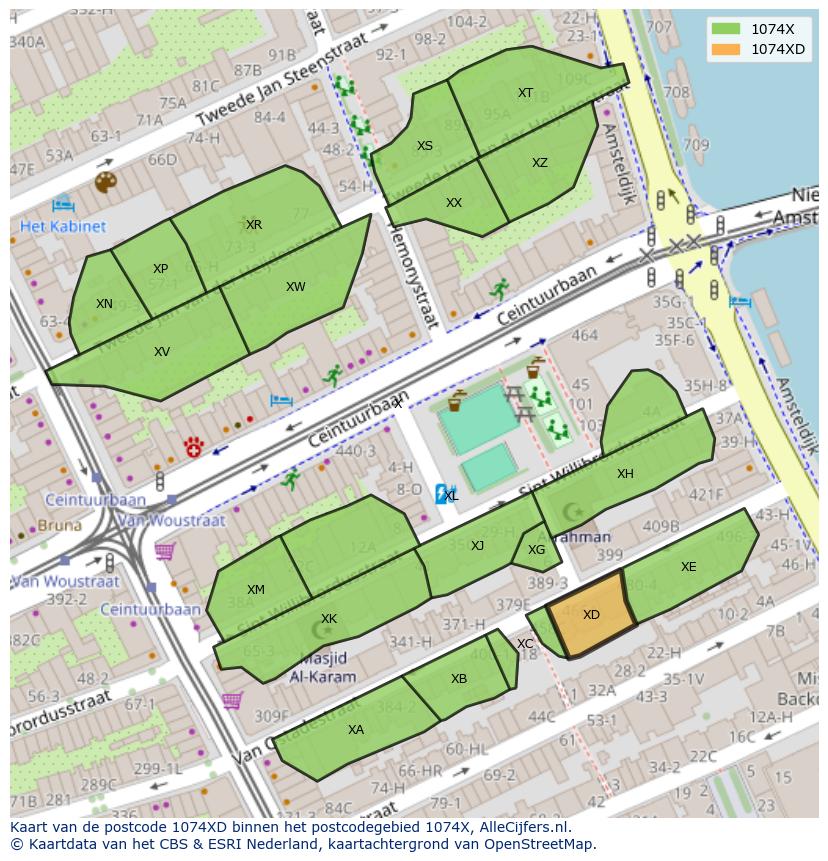 Afbeelding van het postcodegebied 1074 XD op de kaart.
