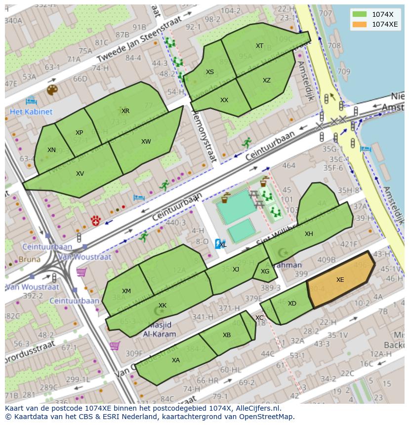 Afbeelding van het postcodegebied 1074 XE op de kaart.