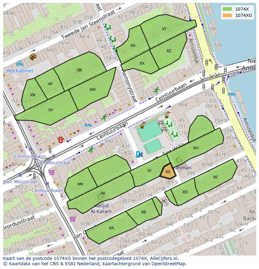 Afbeelding van het postcodegebied 1074 XG op de kaart.
