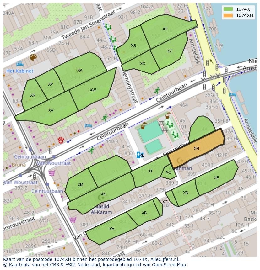 Afbeelding van het postcodegebied 1074 XH op de kaart.