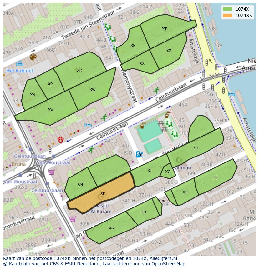 Afbeelding van het postcodegebied 1074 XK op de kaart.