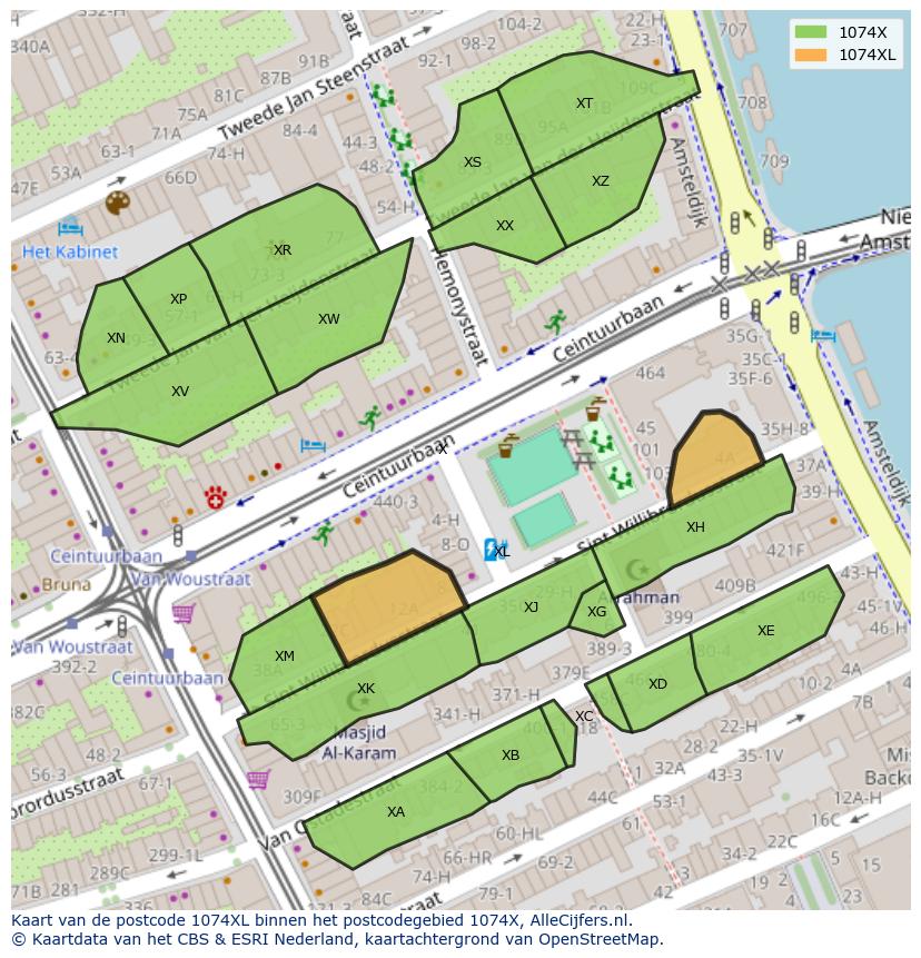 Afbeelding van het postcodegebied 1074 XL op de kaart.