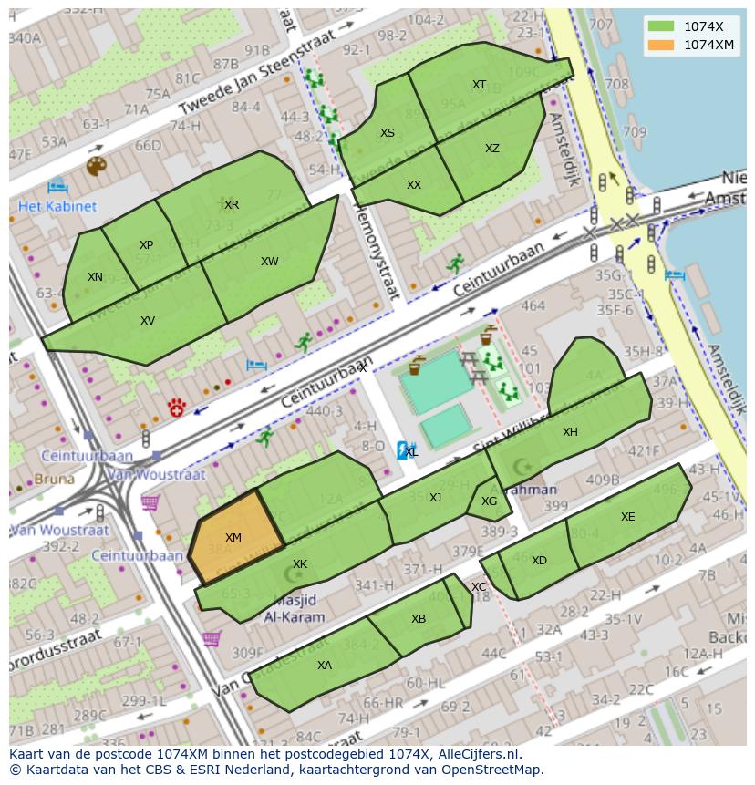 Afbeelding van het postcodegebied 1074 XM op de kaart.