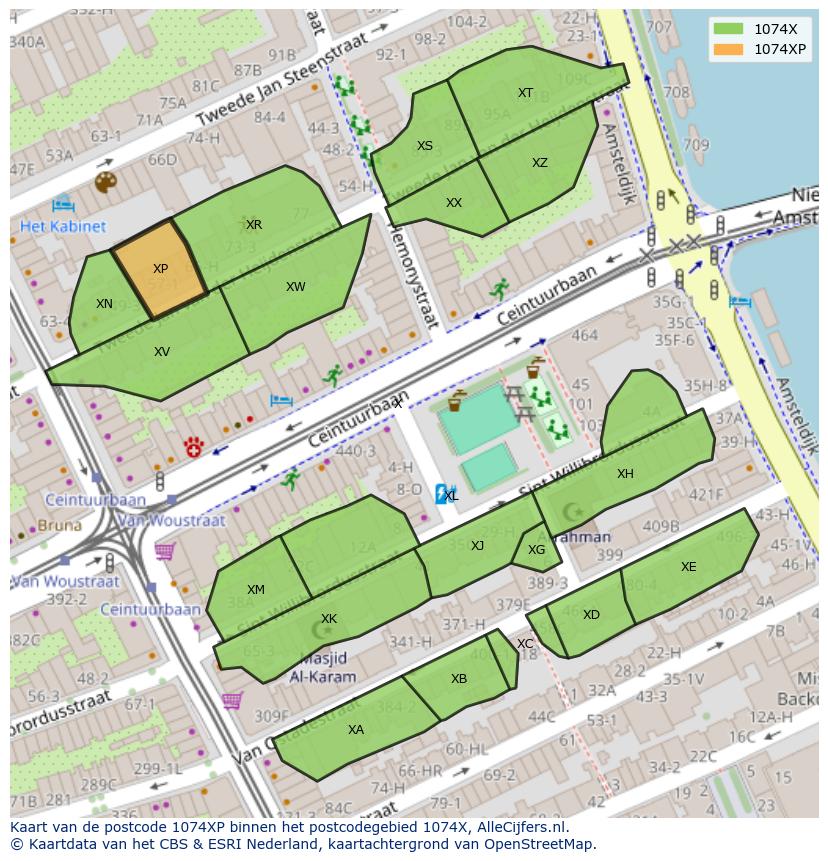 Afbeelding van het postcodegebied 1074 XP op de kaart.