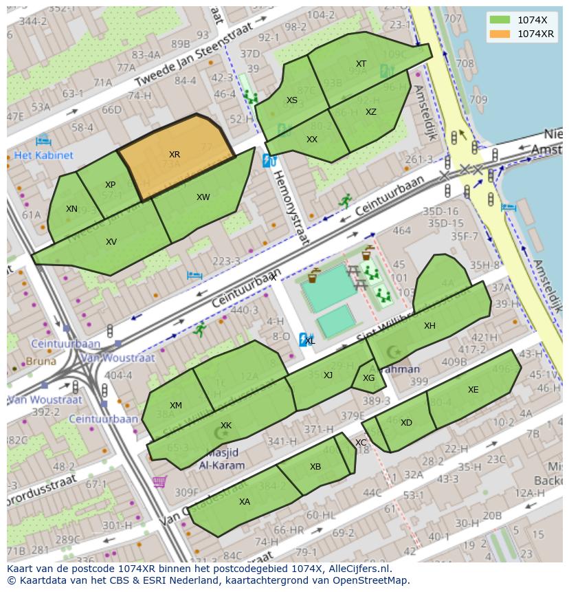 Afbeelding van het postcodegebied 1074 XR op de kaart.