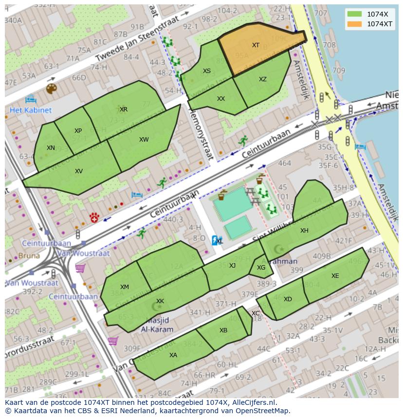 Afbeelding van het postcodegebied 1074 XT op de kaart.