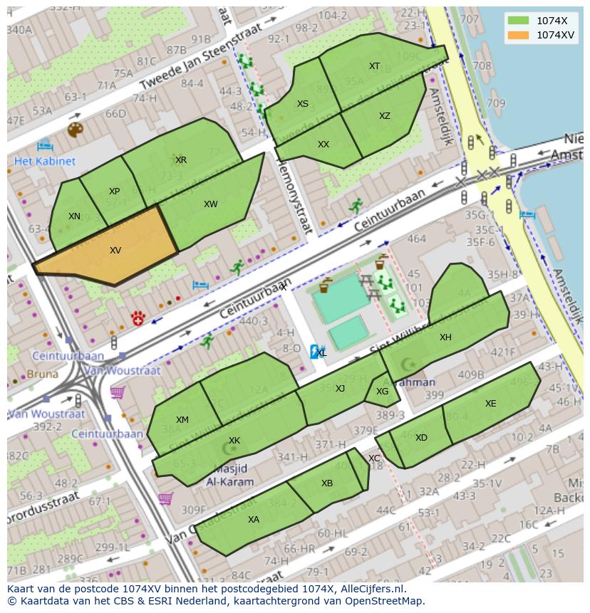 Afbeelding van het postcodegebied 1074 XV op de kaart.