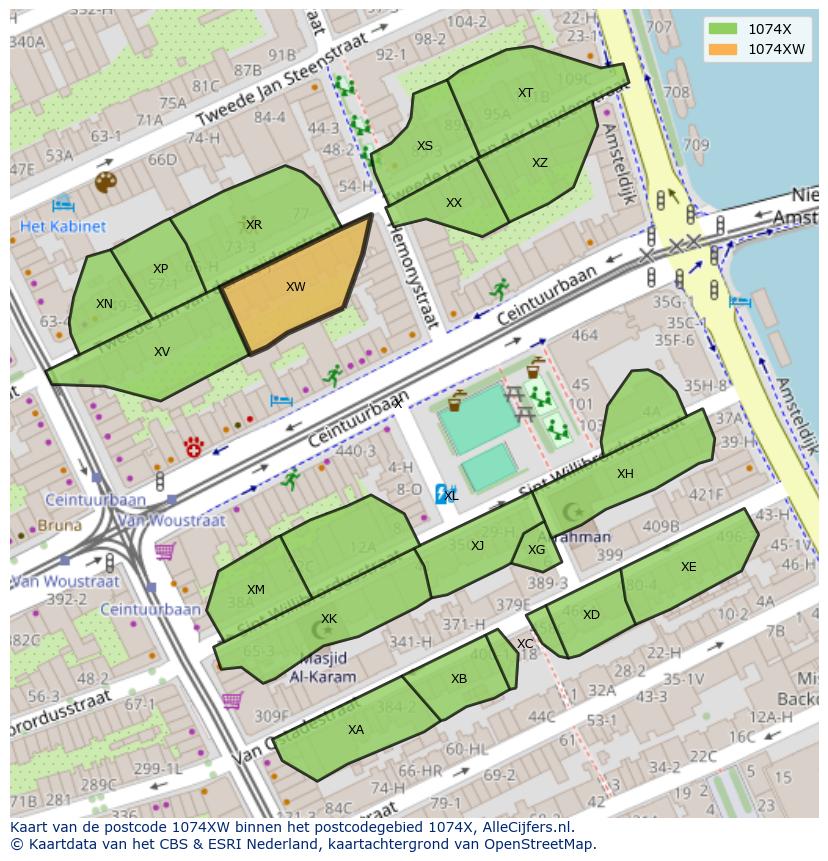 Afbeelding van het postcodegebied 1074 XW op de kaart.