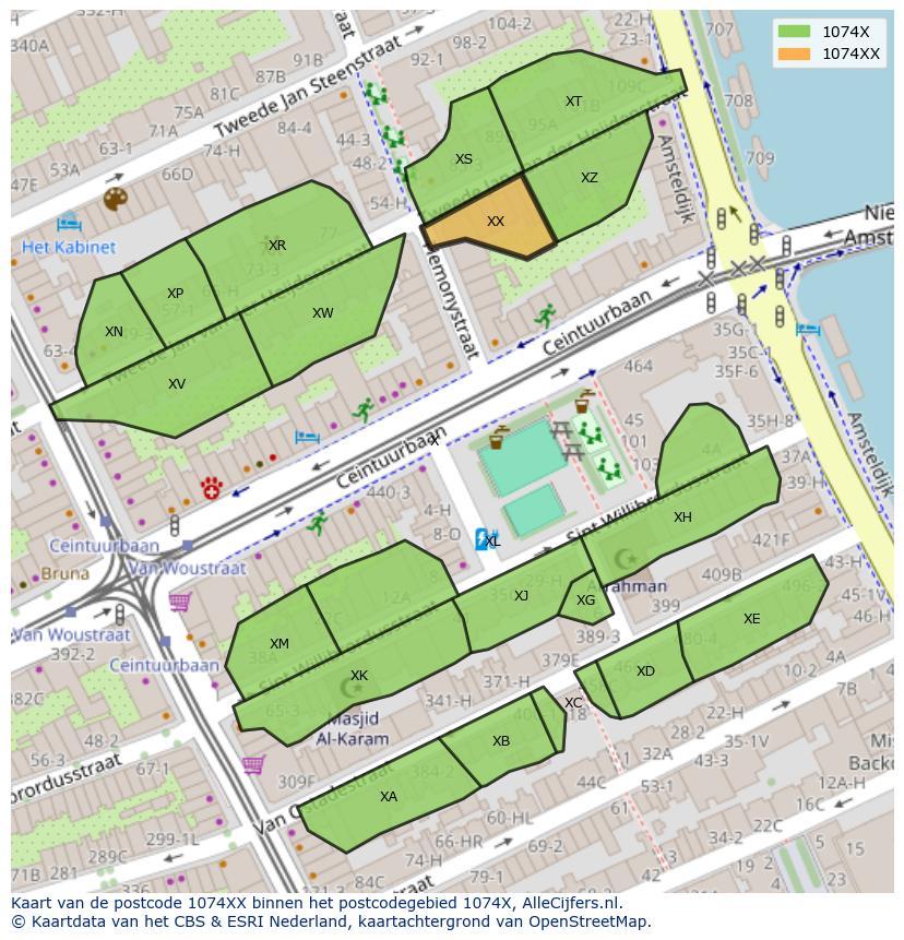 Afbeelding van het postcodegebied 1074 XX op de kaart.