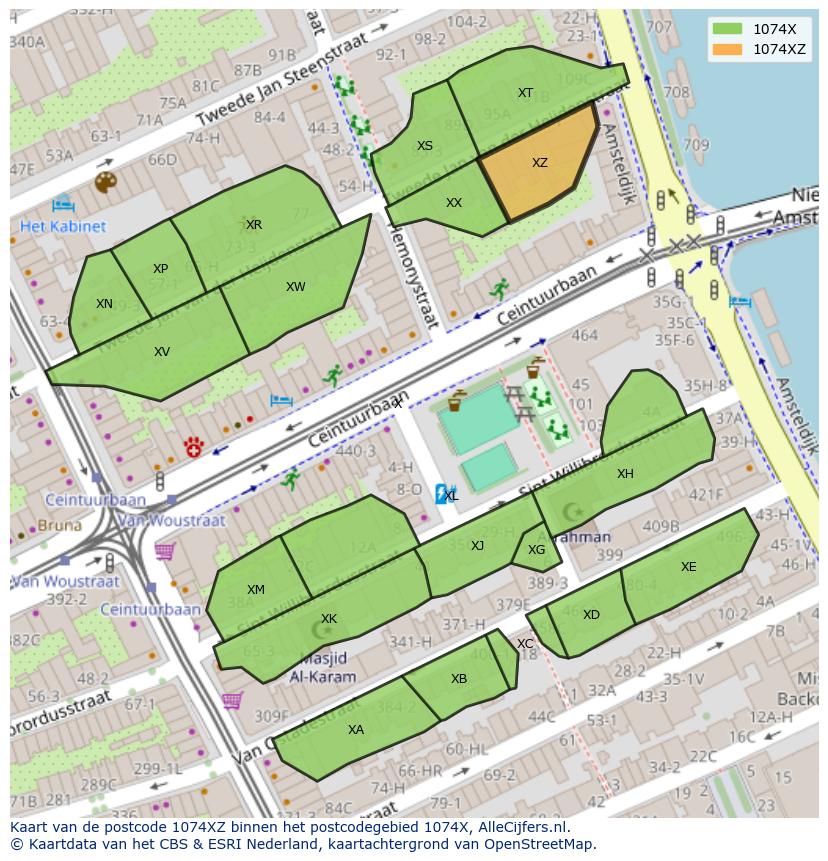 Afbeelding van het postcodegebied 1074 XZ op de kaart.