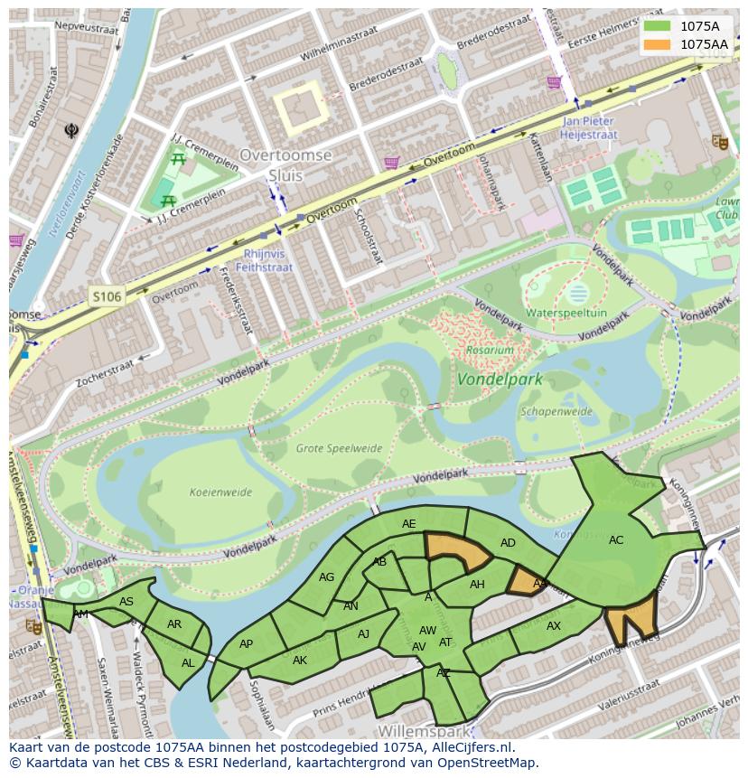 Afbeelding van het postcodegebied 1075 AA op de kaart.