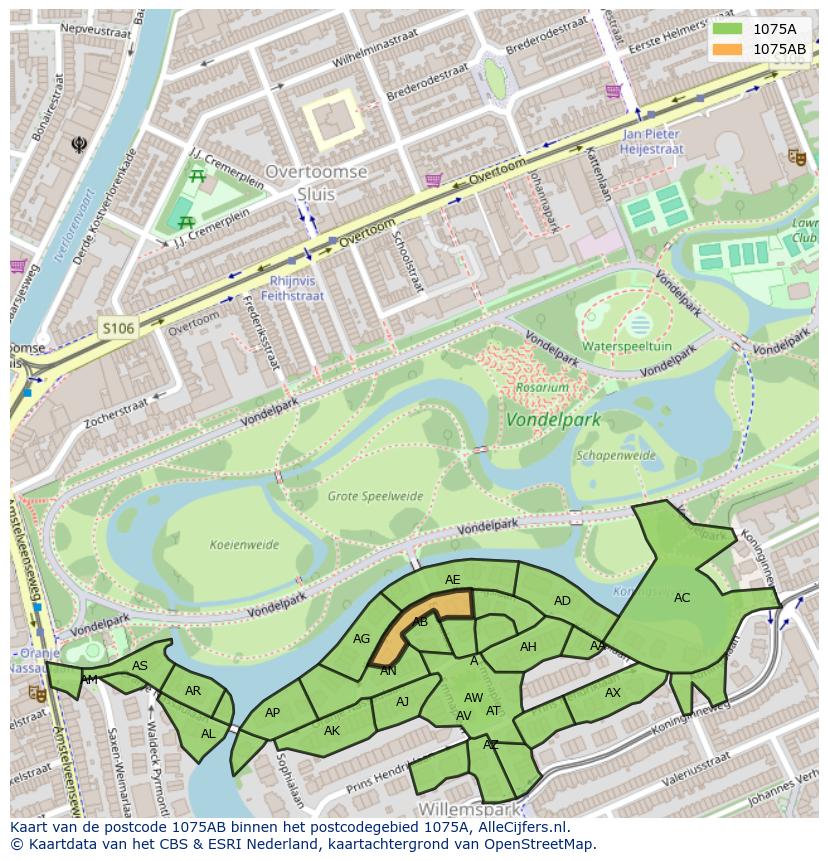 Afbeelding van het postcodegebied 1075 AB op de kaart.