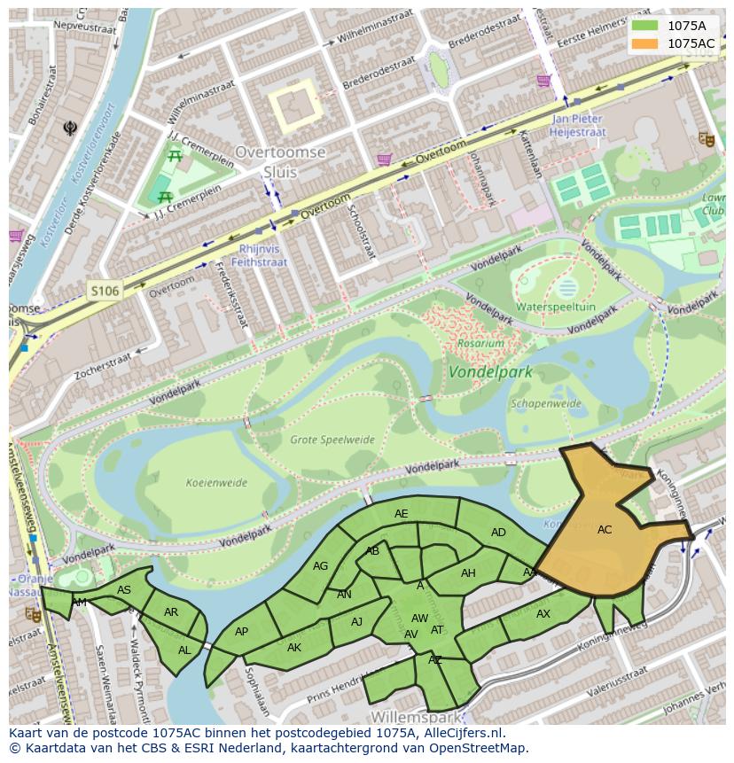 Afbeelding van het postcodegebied 1075 AC op de kaart.