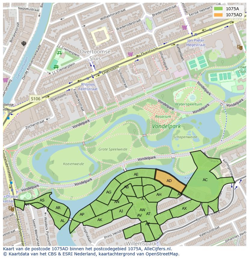 Afbeelding van het postcodegebied 1075 AD op de kaart.
