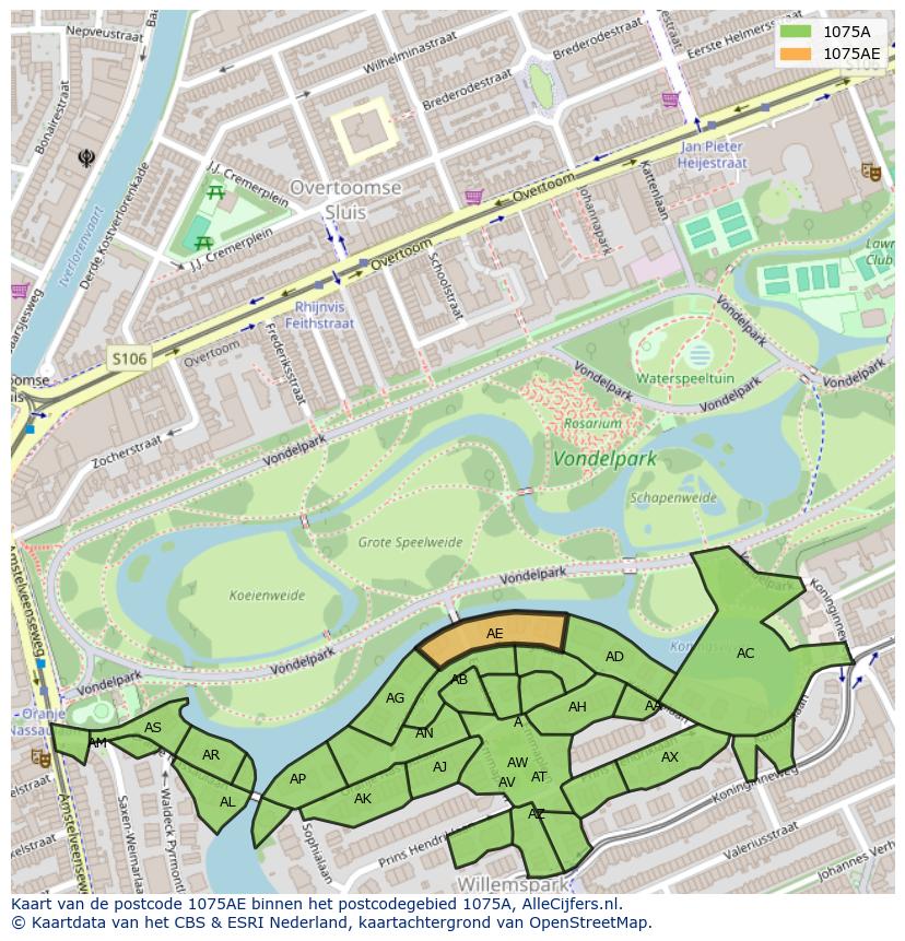 Afbeelding van het postcodegebied 1075 AE op de kaart.