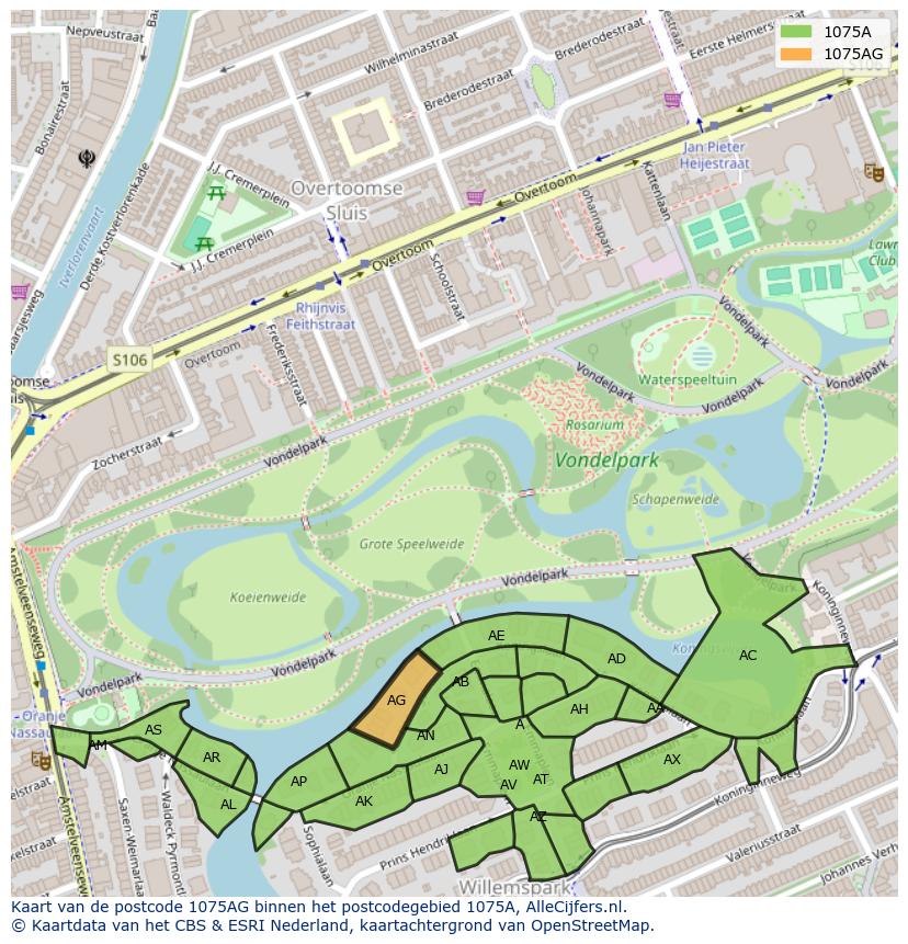 Afbeelding van het postcodegebied 1075 AG op de kaart.