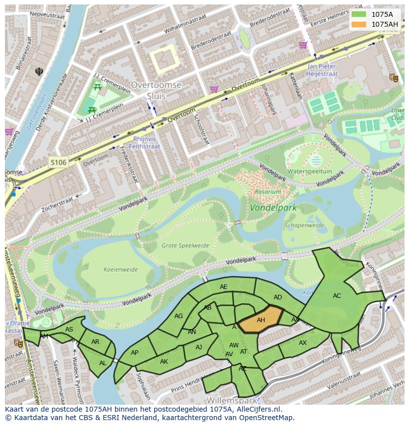 Afbeelding van het postcodegebied 1075 AH op de kaart.
