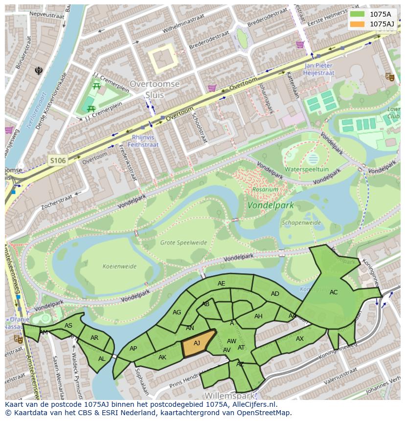 Afbeelding van het postcodegebied 1075 AJ op de kaart.