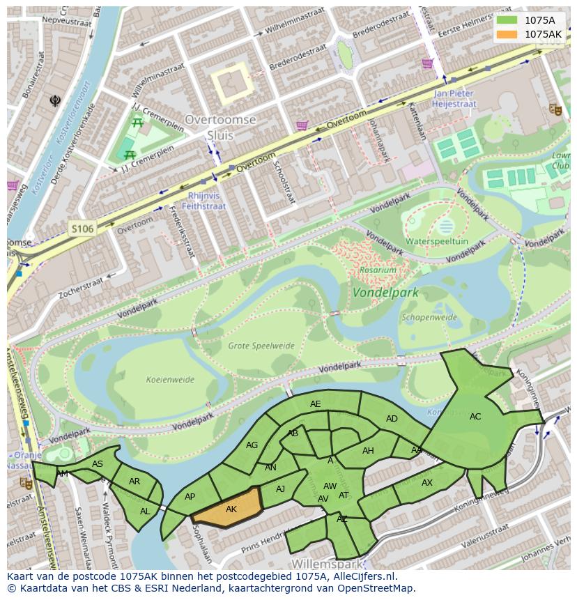Afbeelding van het postcodegebied 1075 AK op de kaart.