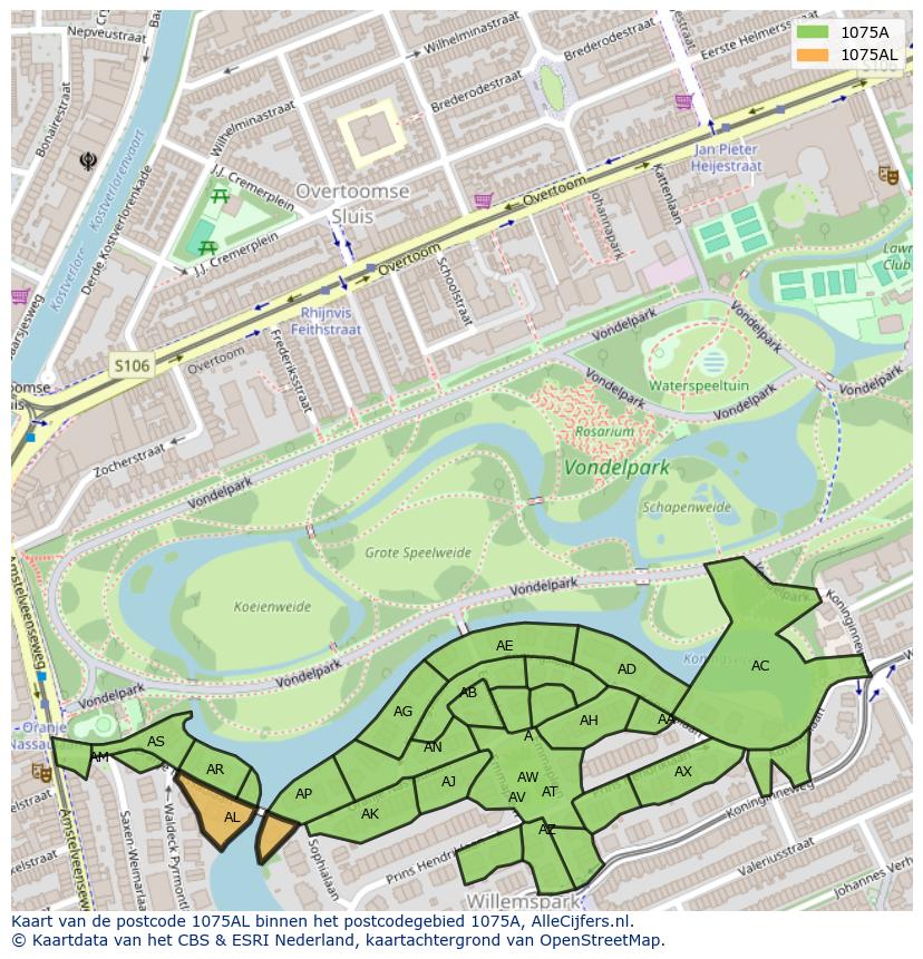 Afbeelding van het postcodegebied 1075 AL op de kaart.