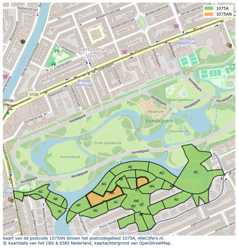 Afbeelding van het postcodegebied 1075 AN op de kaart.